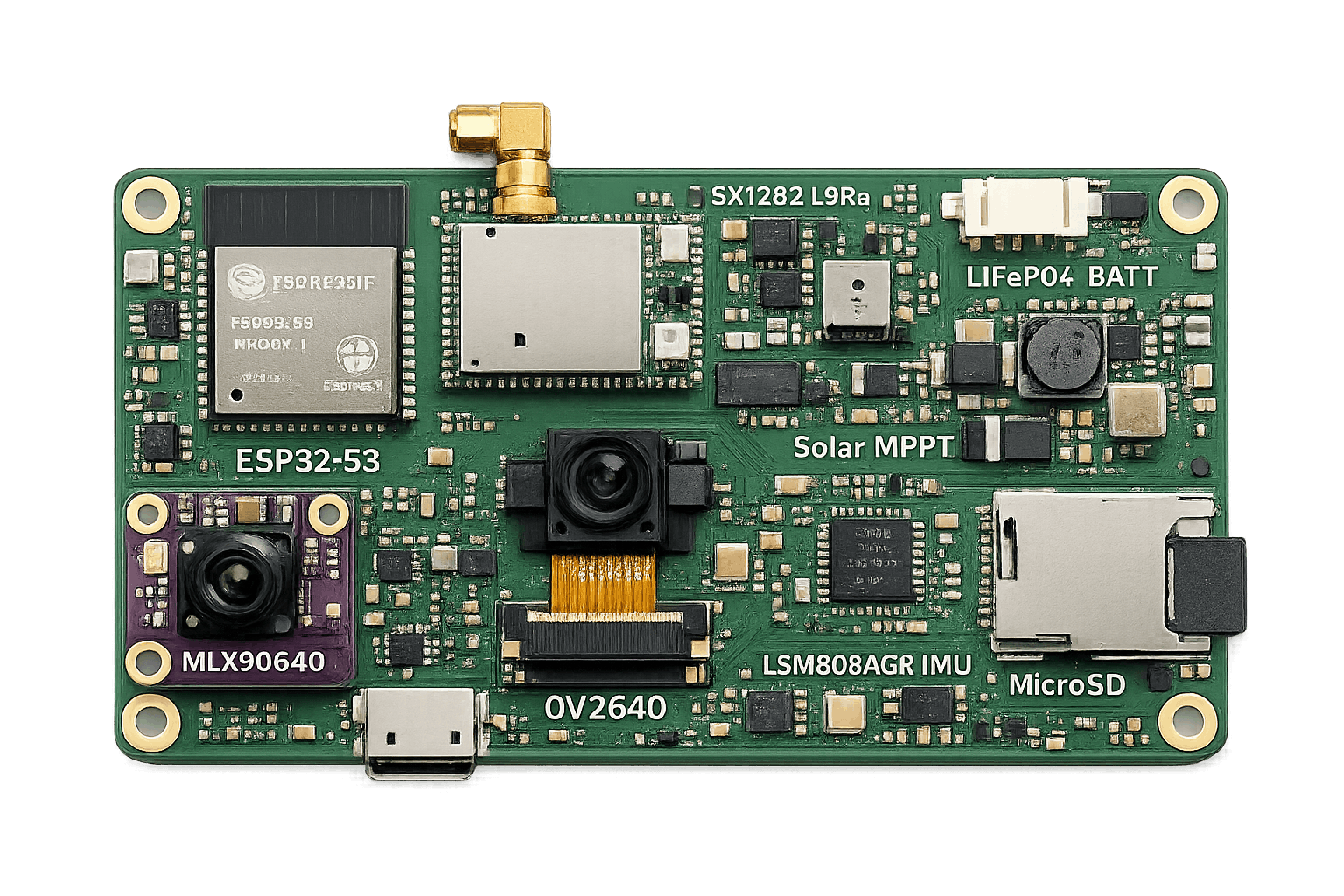 Custom Border Probe PCB — single-board design integrating MAX78000 AI MCU, LoRa, GPS, thermal sensor, IMU, and power management